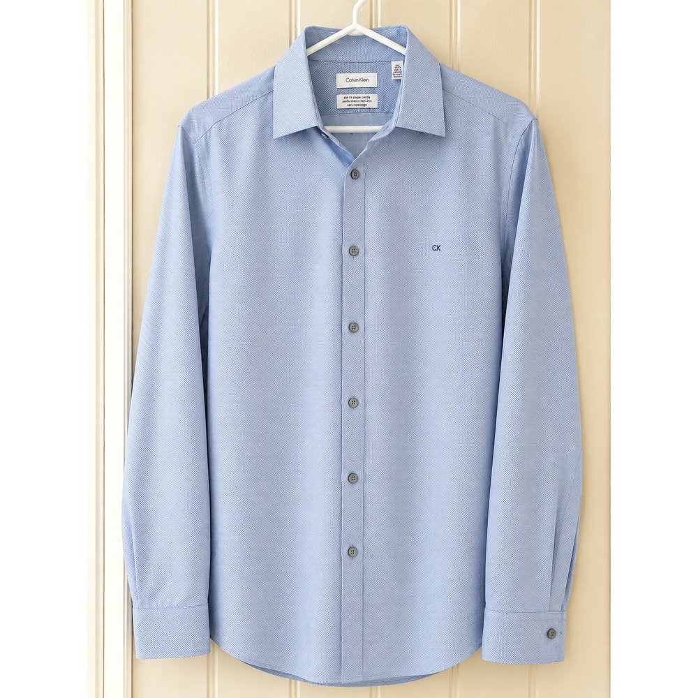 Calvin Klein Mens Slim Fit Performance Non-Iron Blue Micro Dot Dress Shirt 15.5